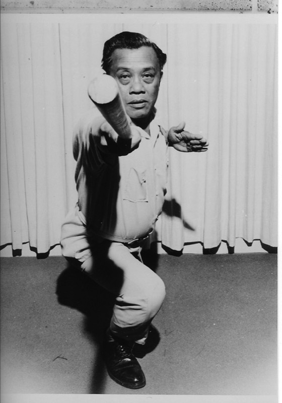 Person in a martial arts pose, holding a stick forward, wearing a light-colored uniform, standing on a carpeted floor.